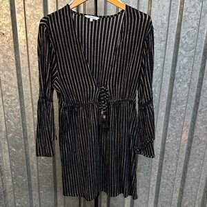 blue island Black Dress with Metallic Silver Stripes